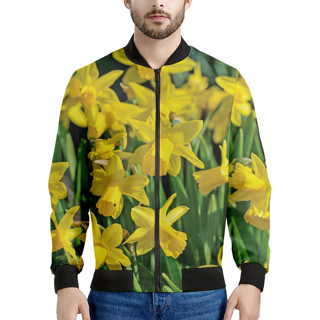 Yellow Daffodil Flower Print Men's Bomber Jacket