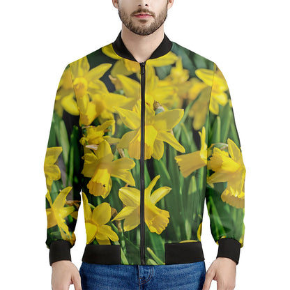 Yellow Daffodil Flower Print Men's Bomber Jacket
