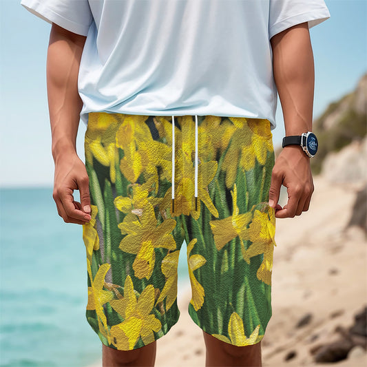Yellow Daffodil Flower Print Men's Cargo Shorts