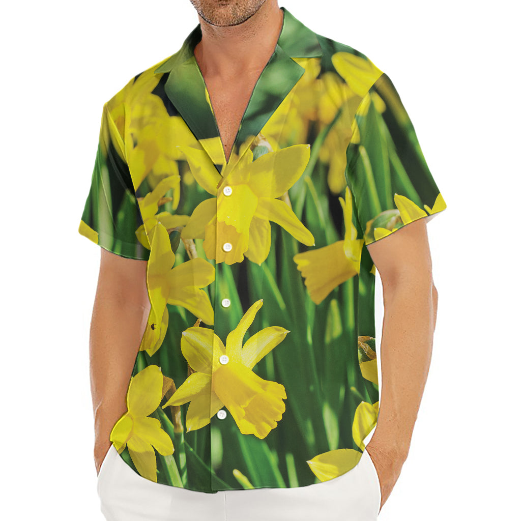 Yellow Daffodil Flower Print Men's Deep V-Neck Shirt