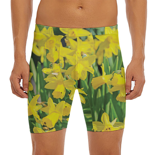 Yellow Daffodil Flower Print Men's Long Boxer Briefs