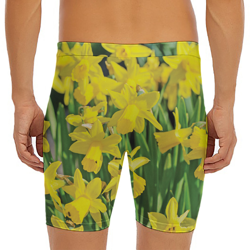 Yellow Daffodil Flower Print Men's Long Boxer Briefs