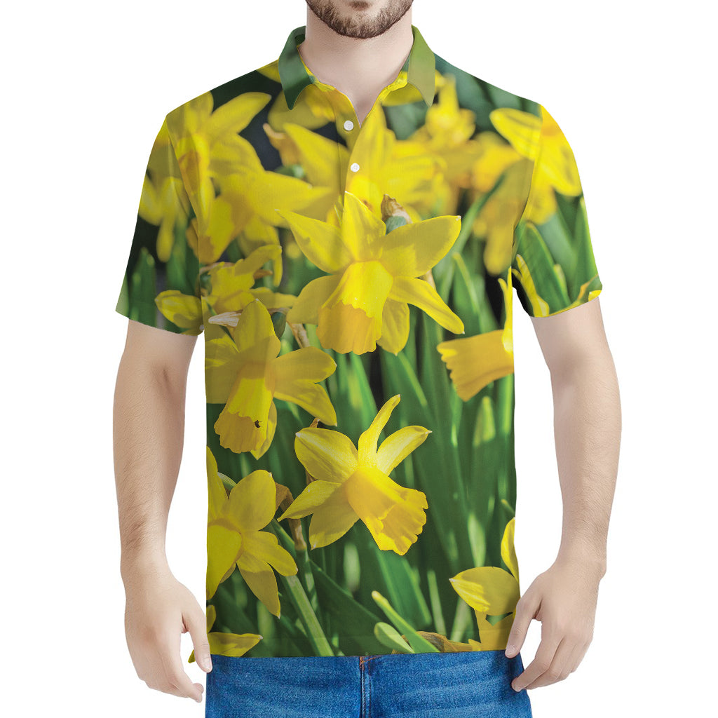 Yellow Daffodil Flower Print Men's Polo Shirt
