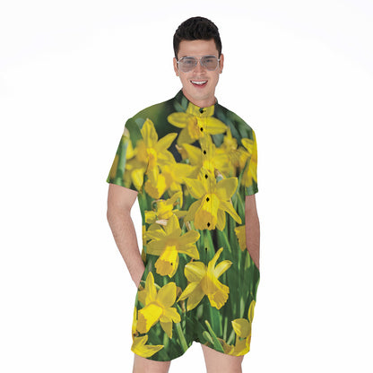 Yellow Daffodil Flower Print Men's Rompers