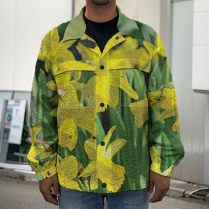 Yellow Daffodil Flower Print Men's Shirt Jacket