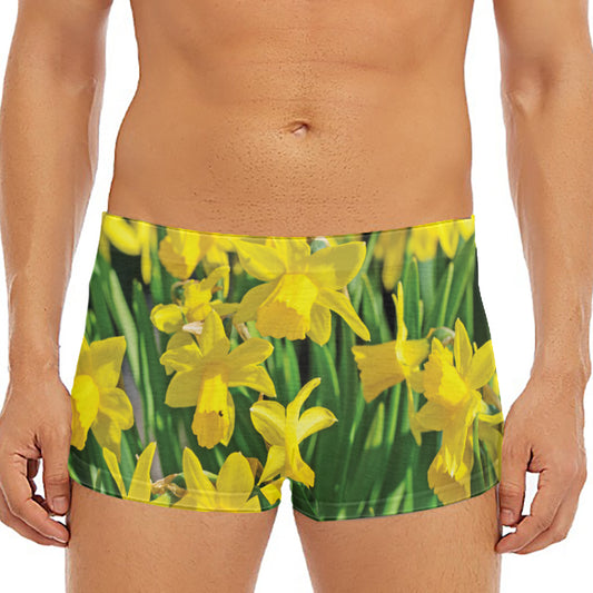 Yellow Daffodil Flower Print Men's Short Boxer Briefs