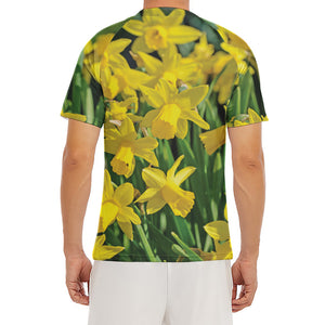 Yellow Daffodil Flower Print Men's Short Sleeve Rash Guard