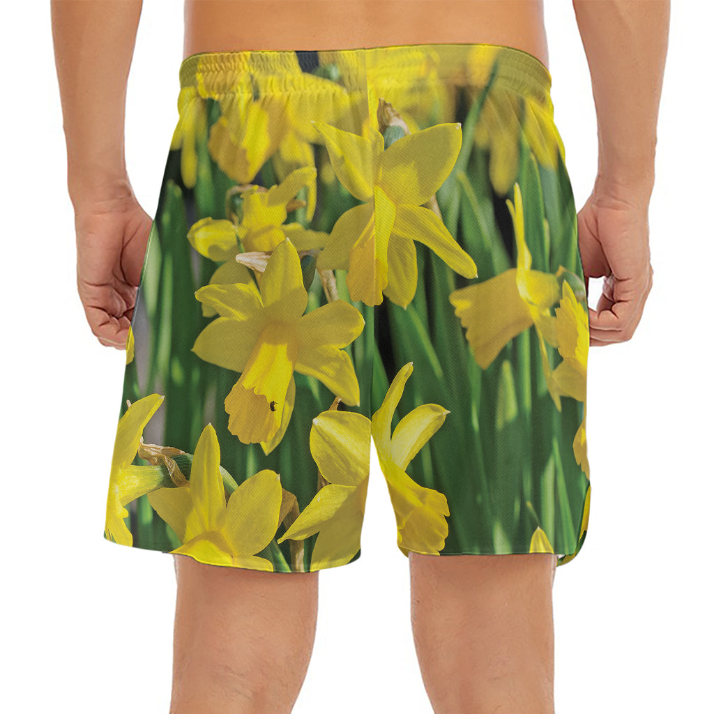 Yellow Daffodil Flower Print Men's Split Running Shorts