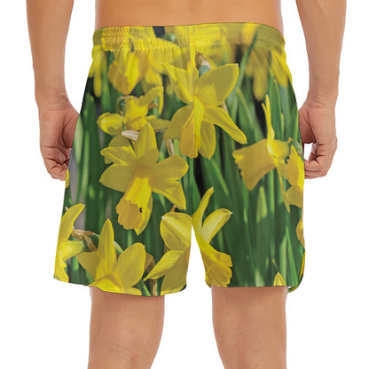 Yellow Daffodil Flower Print Men's Split Running Shorts