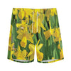 Yellow Daffodil Flower Print Men's Sports Shorts