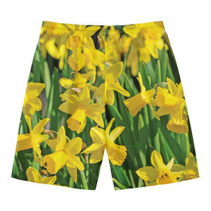 Yellow Daffodil Flower Print Men's Swim Trunks