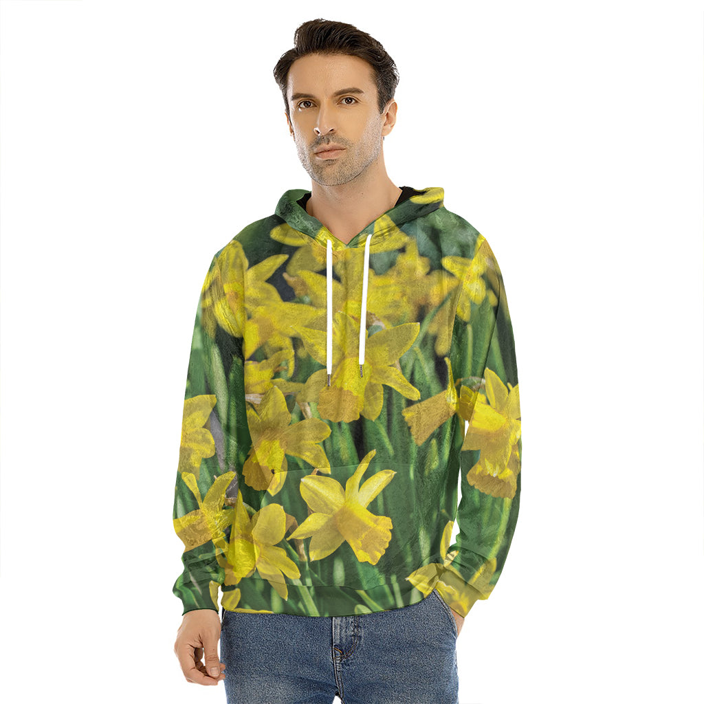 Yellow Daffodil Flower Print Men's Velvet Pullover Hoodie