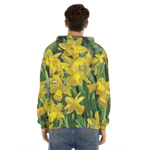 Yellow Daffodil Flower Print Men's Velvet Pullover Hoodie