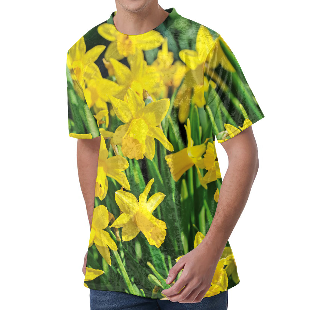 Yellow Daffodil Flower Print Men's Velvet T-Shirt
