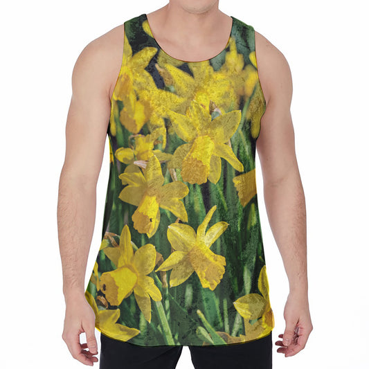 Yellow Daffodil Flower Print Men's Velvet Tank Top