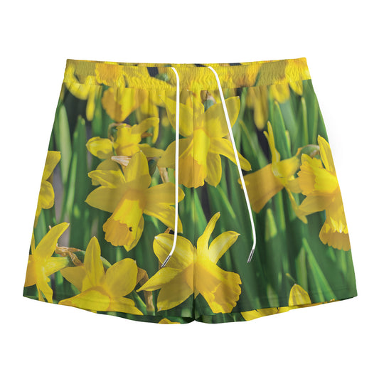 Yellow Daffodil Flower Print Mesh Shorts