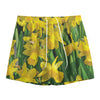 Yellow Daffodil Flower Print Mesh Shorts