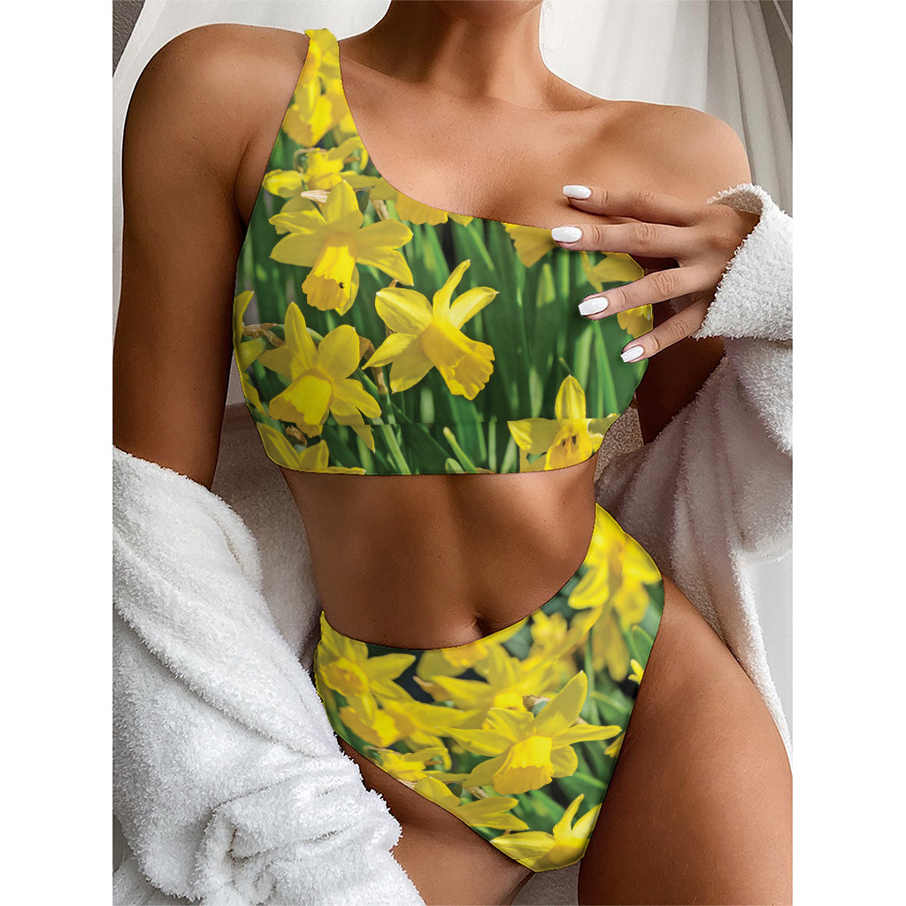 Yellow Daffodil Flower Print One Shoulder Bikini Top