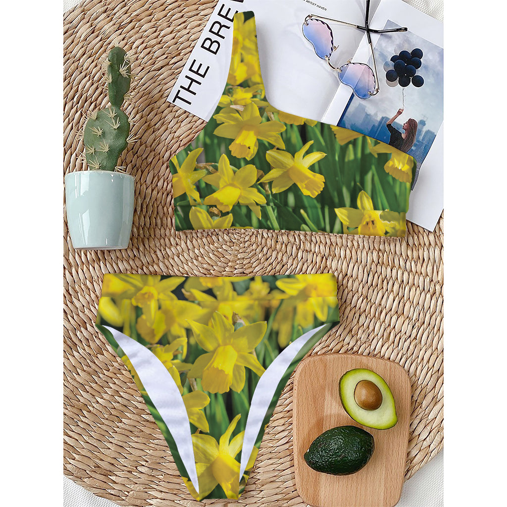 Yellow Daffodil Flower Print One Shoulder Bikini Top