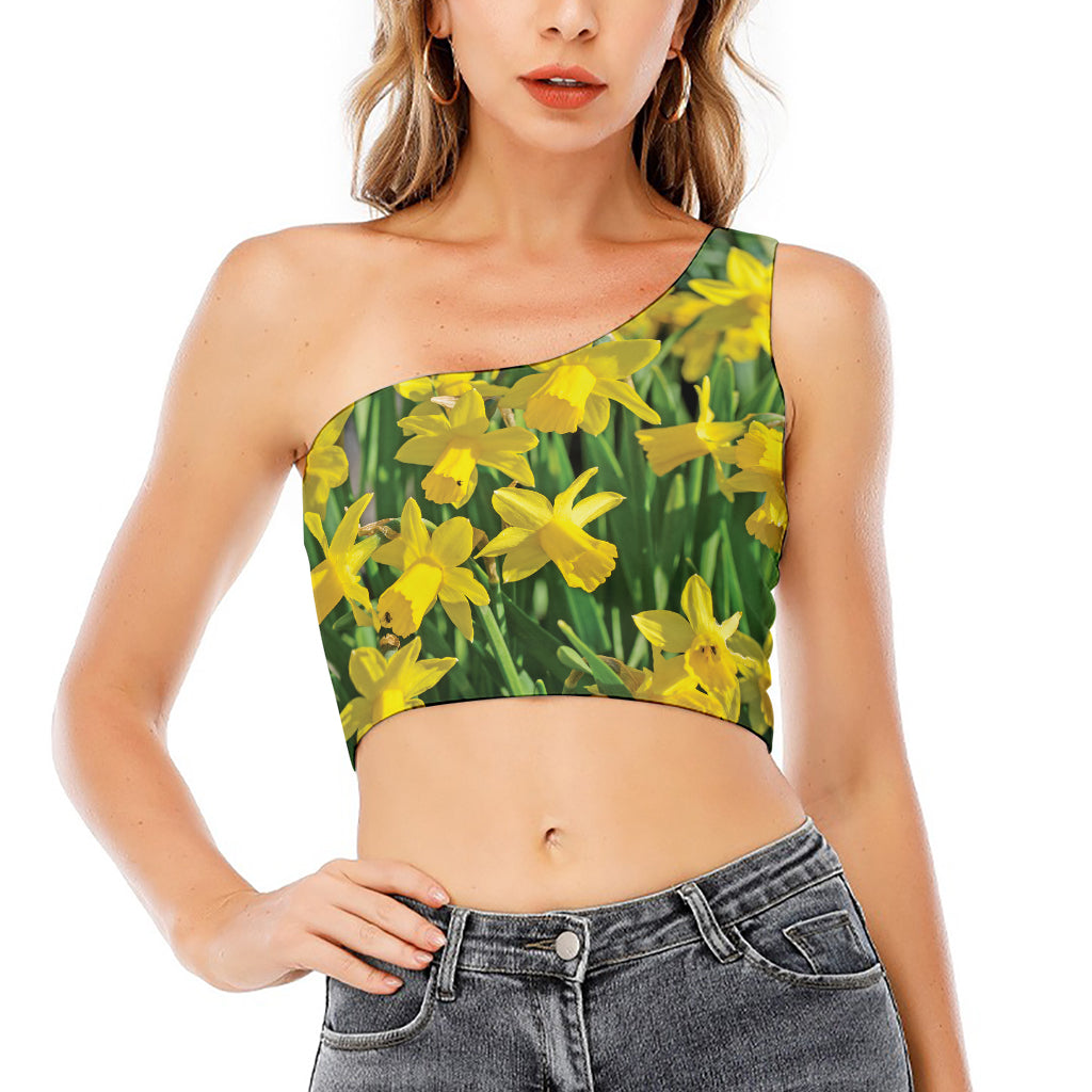 Yellow Daffodil Flower Print One Shoulder Crop Top