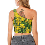 Yellow Daffodil Flower Print One Shoulder Crop Top