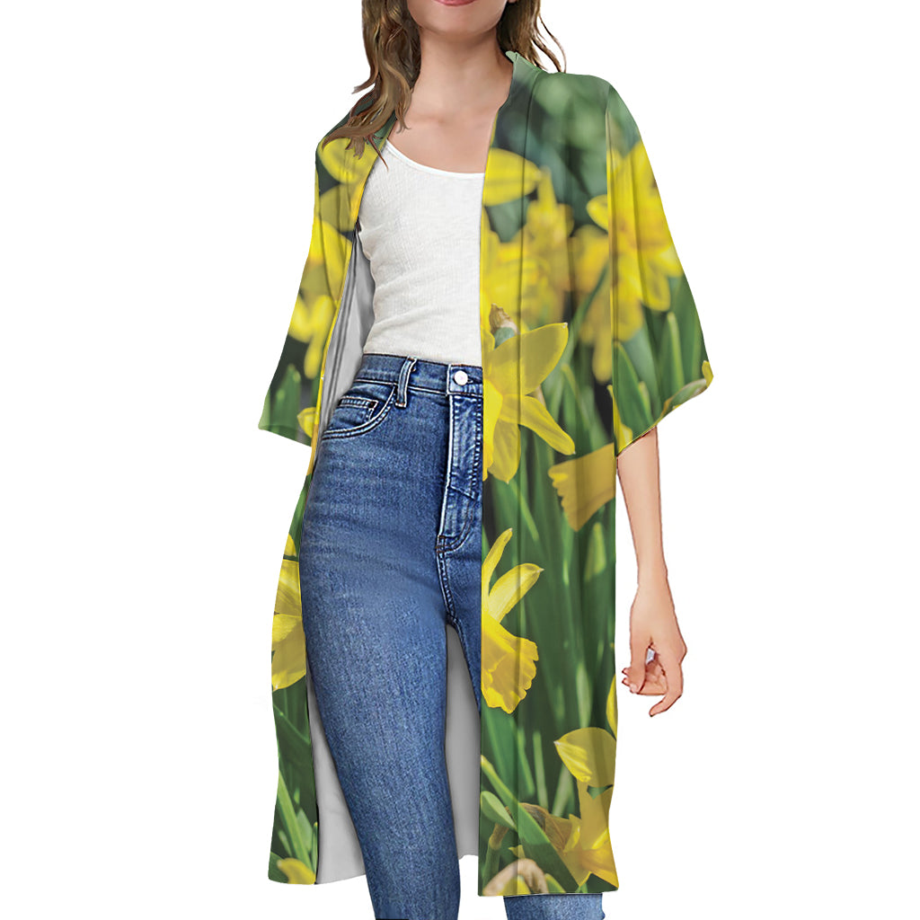 Yellow Daffodil Flower Print Open Front Beach Cover Up