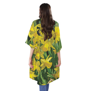 Yellow Daffodil Flower Print Open Front Beach Cover Up