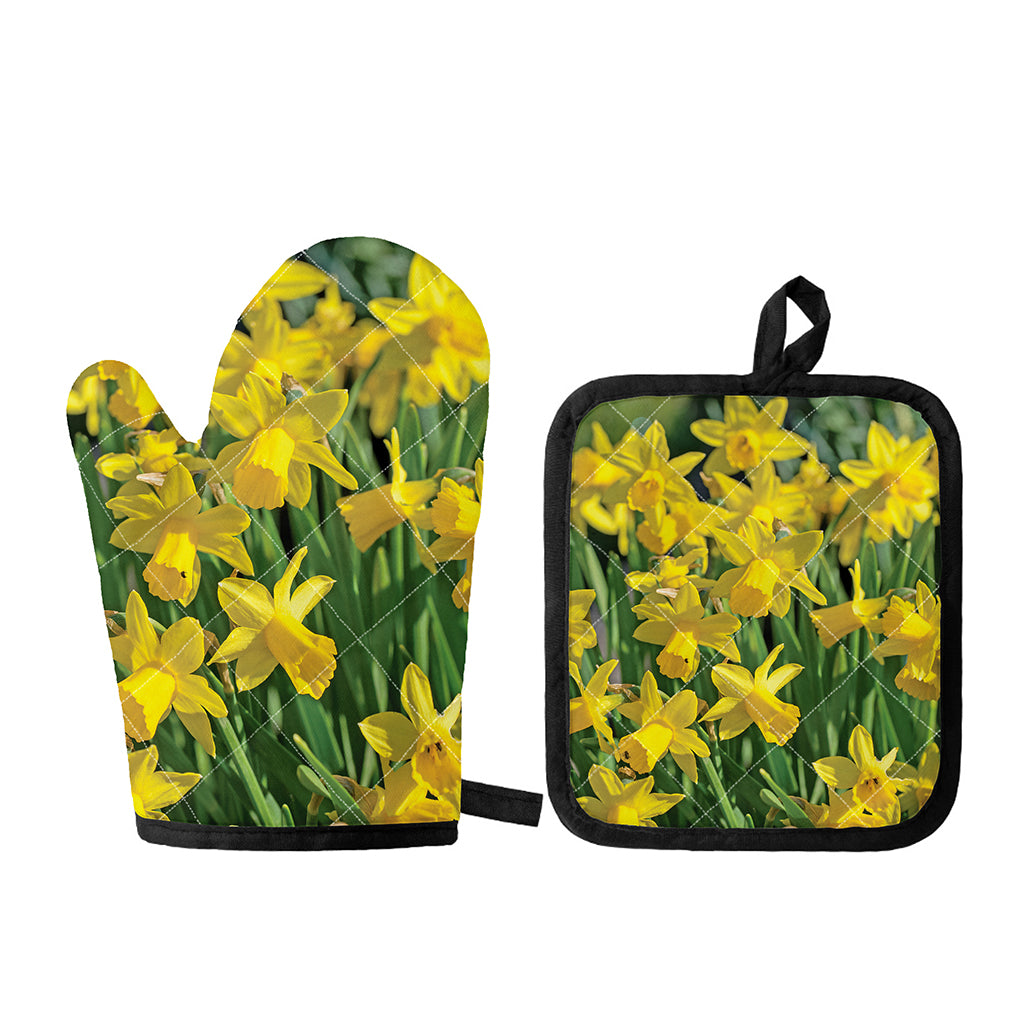 Yellow Daffodil Flower Print Oven Mitt And Pot Holder Set