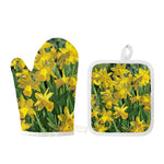 Yellow Daffodil Flower Print Oven Mitt And Pot Holder Set