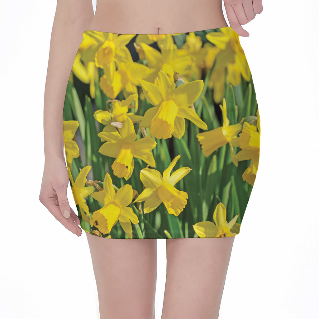 Yellow Daffodil Flower Print Pencil Mini Skirt