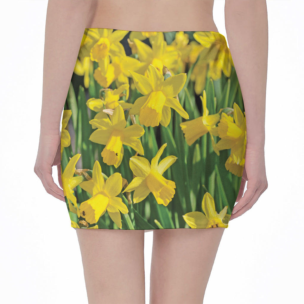 Yellow Daffodil Flower Print Pencil Mini Skirt