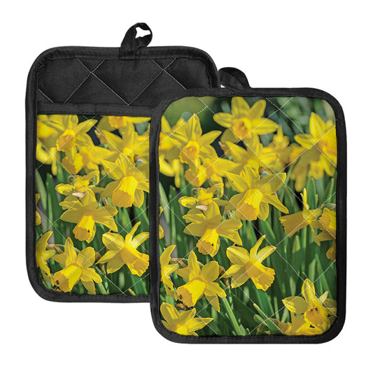 Yellow Daffodil Flower Print Pot Holders With Pocket