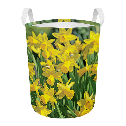 Yellow Daffodil Flower Print Round Laundry Basket