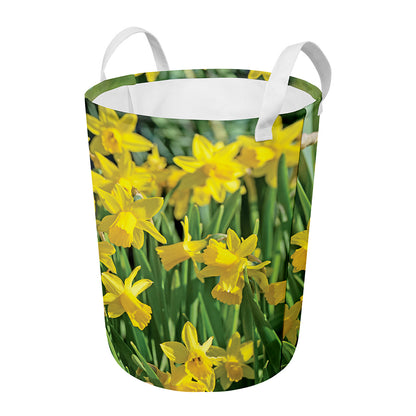 Yellow Daffodil Flower Print Round Laundry Basket