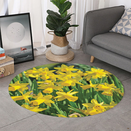 Yellow Daffodil Flower Print Round Rug