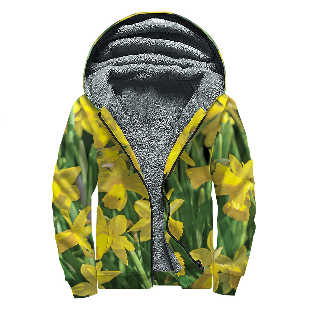 Yellow Daffodil Flower Print Sherpa Lined Zip Up Hoodie