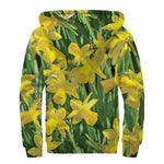 Yellow Daffodil Flower Print Sherpa Lined Zip Up Hoodie