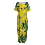 Yellow Daffodil Flower Print Short Sleeve Long Nightdress