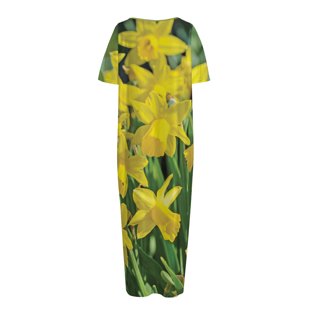 Yellow Daffodil Flower Print Short Sleeve Long Nightdress