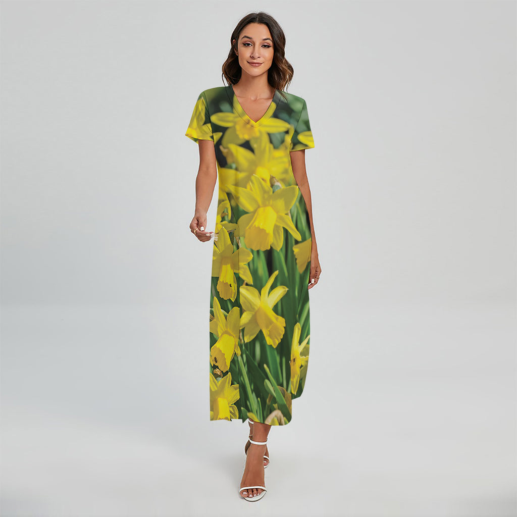 Yellow Daffodil Flower Print Short Sleeve Maxi Dress