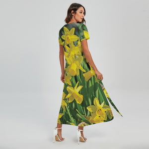 Yellow Daffodil Flower Print Short Sleeve Maxi Dress