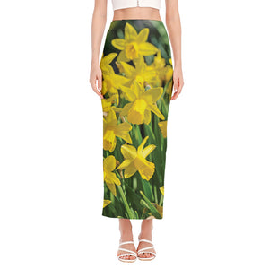 Yellow Daffodil Flower Print Side Slit Maxi Skirt