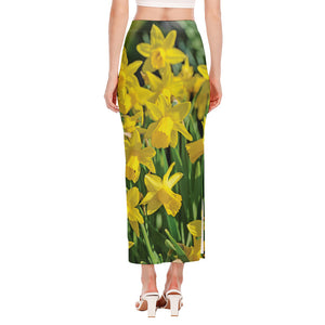 Yellow Daffodil Flower Print Side Slit Maxi Skirt