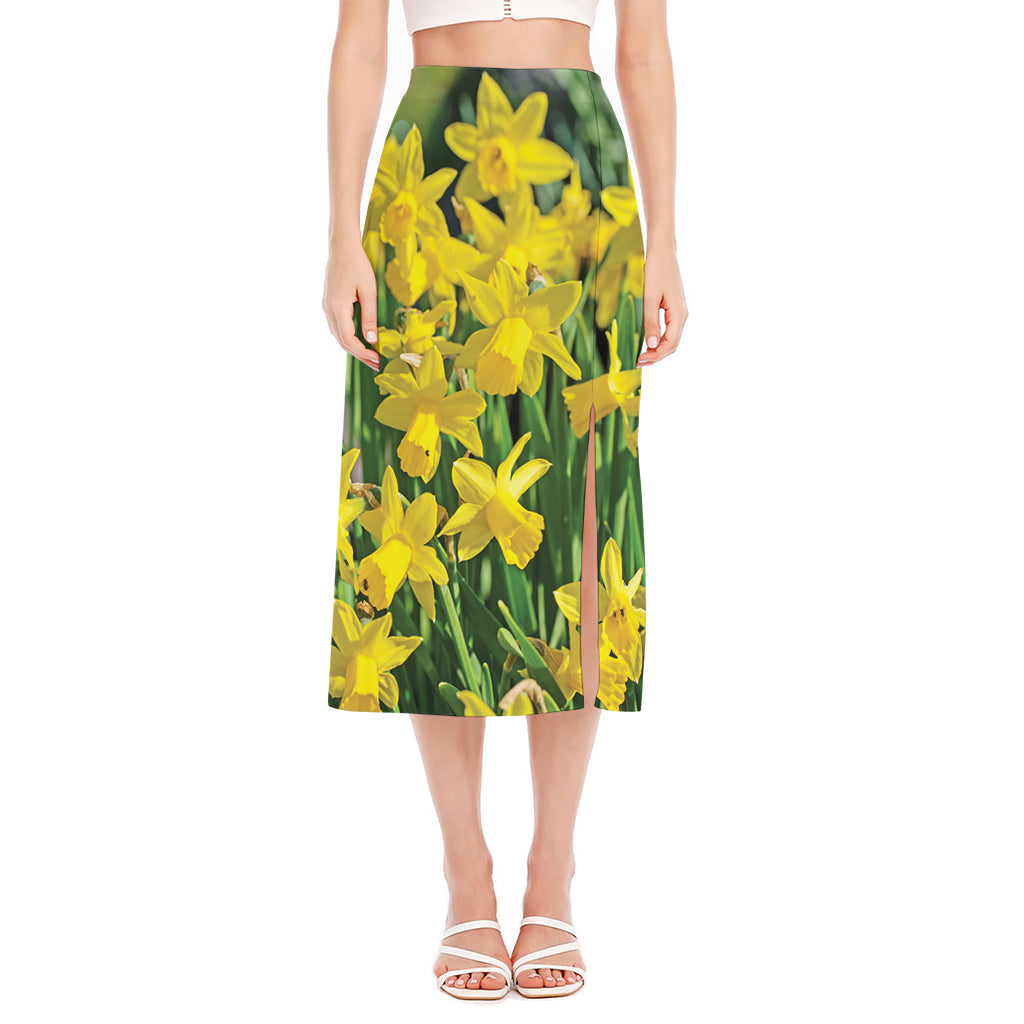 Yellow Daffodil Flower Print Side Slit Midi Skirt