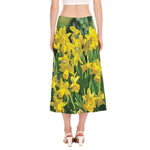 Yellow Daffodil Flower Print Side Slit Midi Skirt