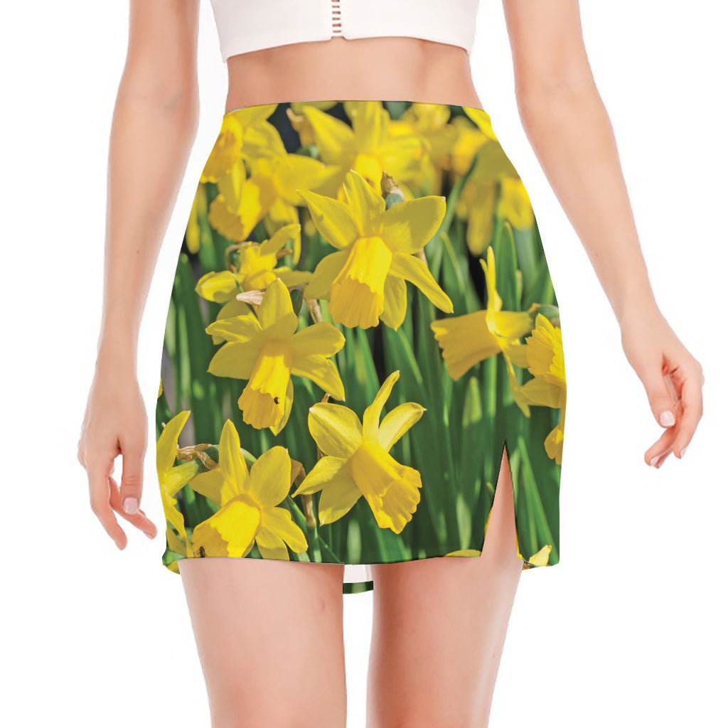 Yellow Daffodil Flower Print Side Slit Mini Skirt