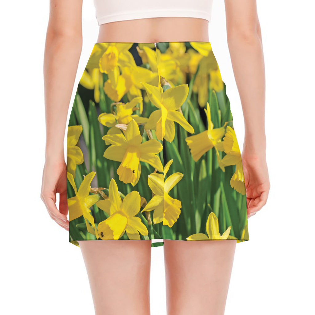 Yellow Daffodil Flower Print Side Slit Mini Skirt