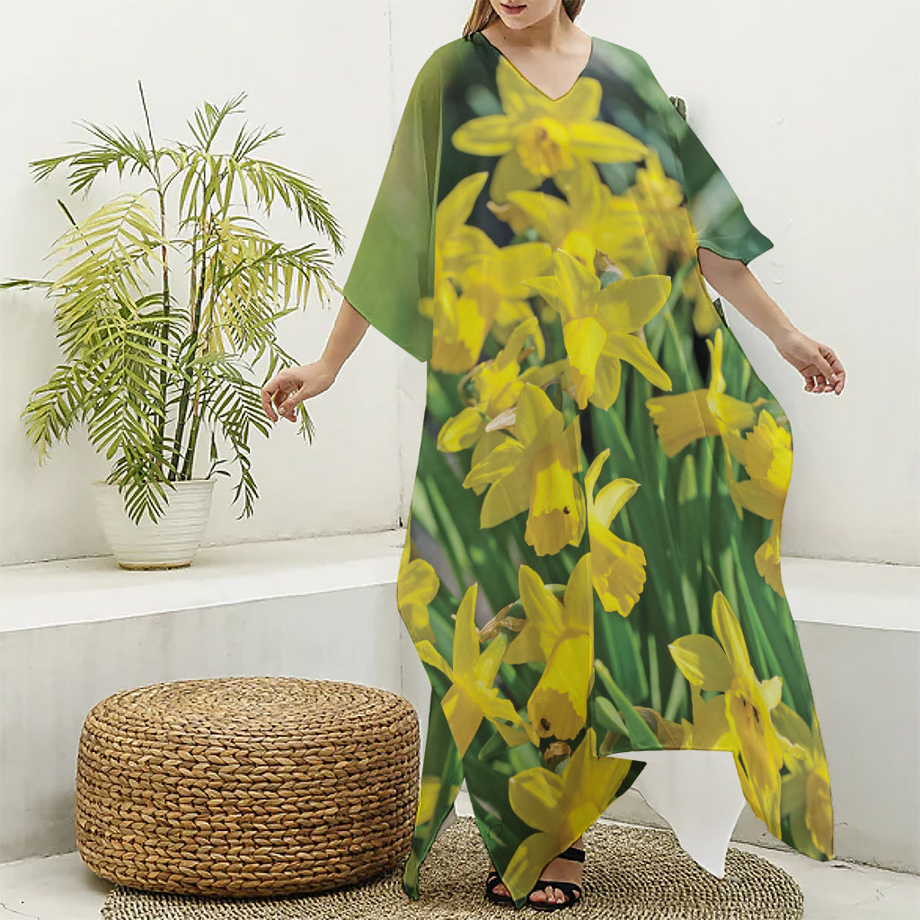 Yellow Daffodil Flower Print Silk V-Neck Kaftan Dress