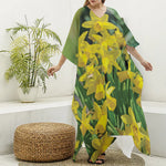 Yellow Daffodil Flower Print Silk V-Neck Kaftan Dress