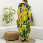 Yellow Daffodil Flower Print Silk V-Neck Kaftan Dress